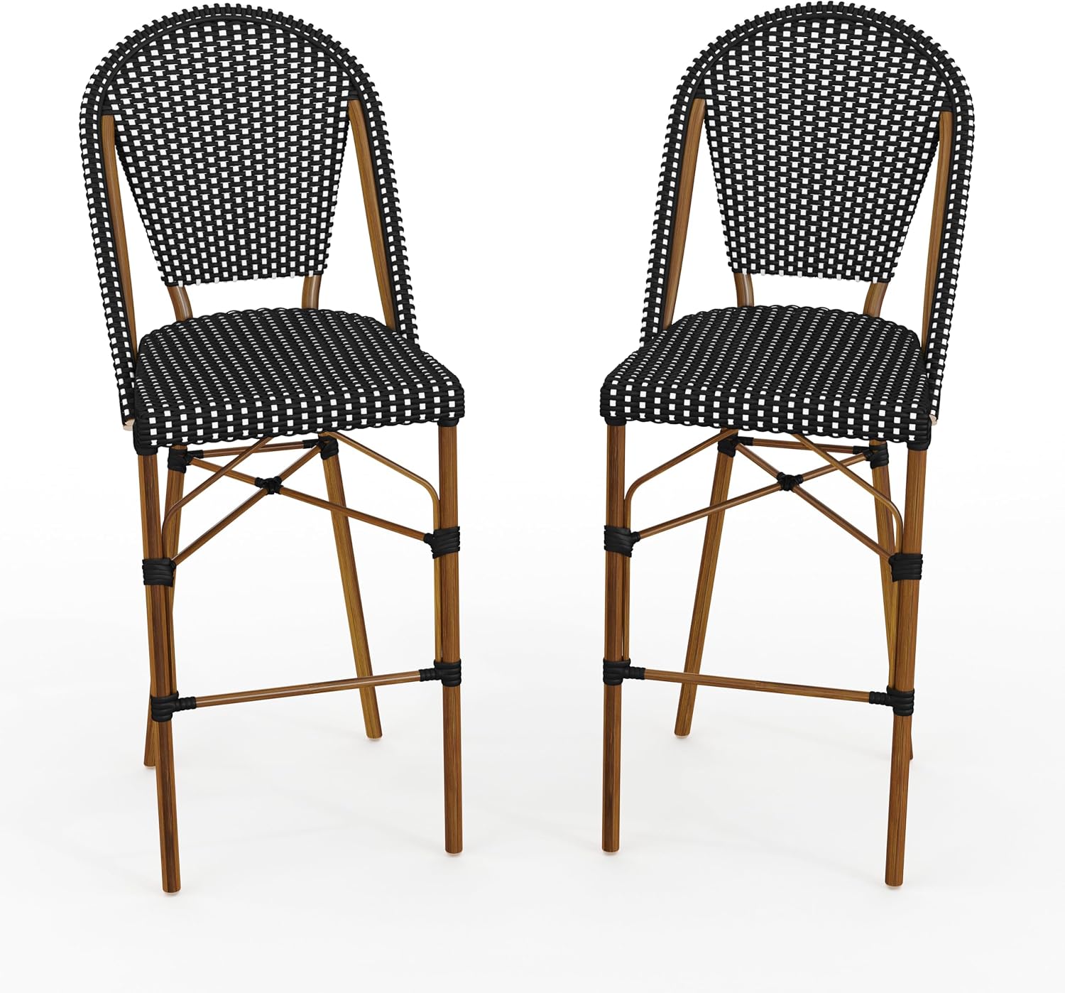 Martha Stewart Lily Pond Indoor-Outdoor Stackable Bar Stools with Natural Woodgrain Aluminum Frame Finish, Black/White Woven Rattan Backrests and Seats, Set of 2
