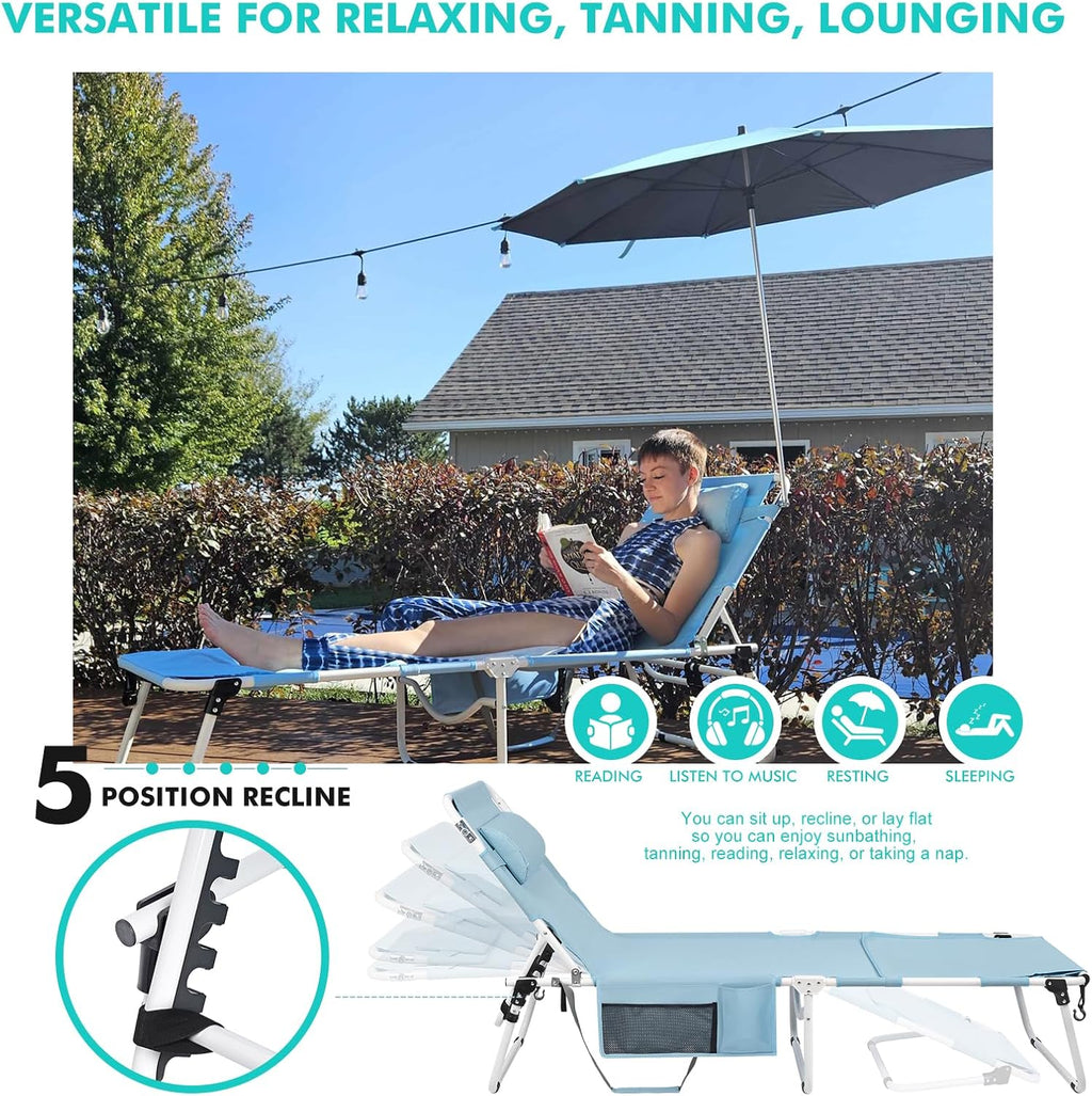 Tanning Chair with Umbrella UPF 50+ Adjustable, Heavy Duty Folding Chaise Lounge Outdoor, Lay Flat 5-Position Recliner for Sun Outside Sunbathing Reading Beach Pool Lawn, 300LBS