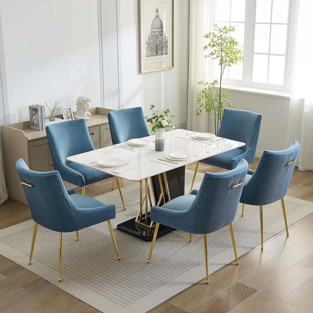 WUTUTUEE Velvet Dining Chairs Set of 4 Gold Legs,Upholstered Velvet Accent Chairs, Pleated Back Design & Gold Pull Handle, Mid Century Modern Chairs for Dining/Kitchen/Living Room,Light Blue