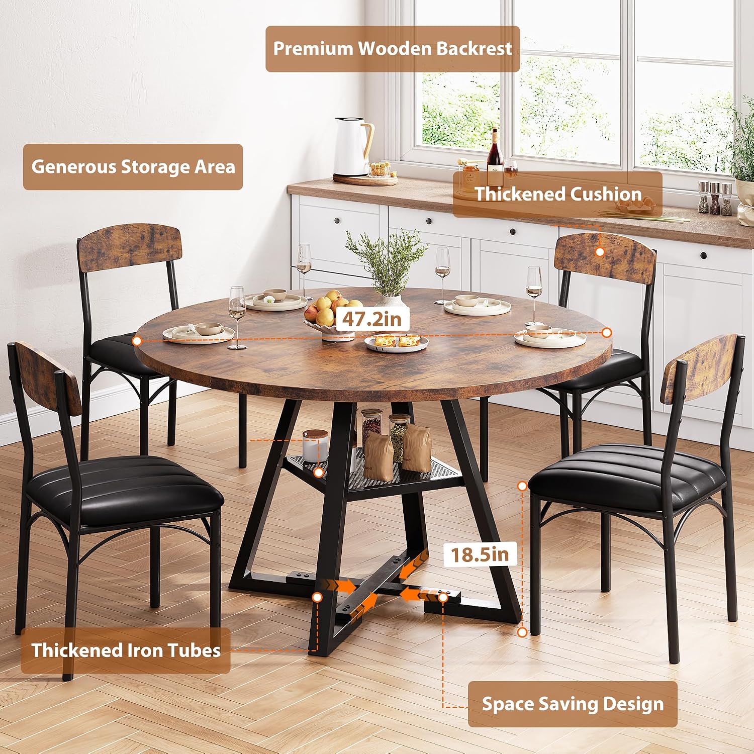 Dining Table Set for 4,Kitchen Table and Chairs for 4, Round Dining Room Table with Upholstered Chairs, 5 Piece Space Saving Circle Wood Kitchen & Dining Room Dinner Dinette Table Set (Vintage, 42In)