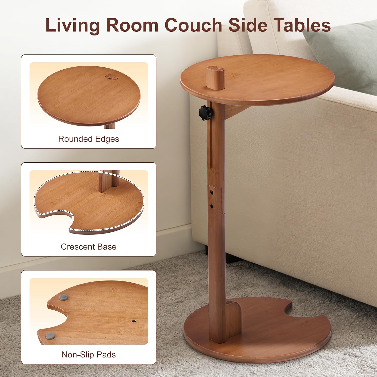 18–26" Height Adjustable Bamboo C-Shaped Side End Table for Sofa | Slides Under Couch; Round Solid Bamboo Top; Works as Laptop Desk & TV Tray; Space-Saving for Small Living Rooms and Bedrooms
