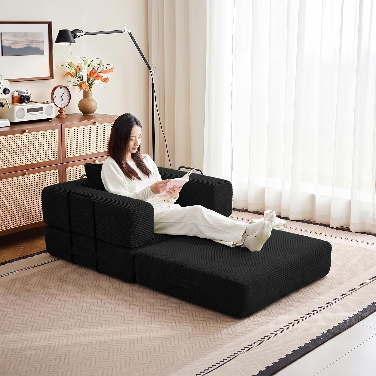 37.4in Convertible Sofa Bed, Corduroy Boneless Couch Bed, Futon Sleeper Sofa Pull Out Bed, Foldable Couch for Living Room Apartment, No Assembly Required