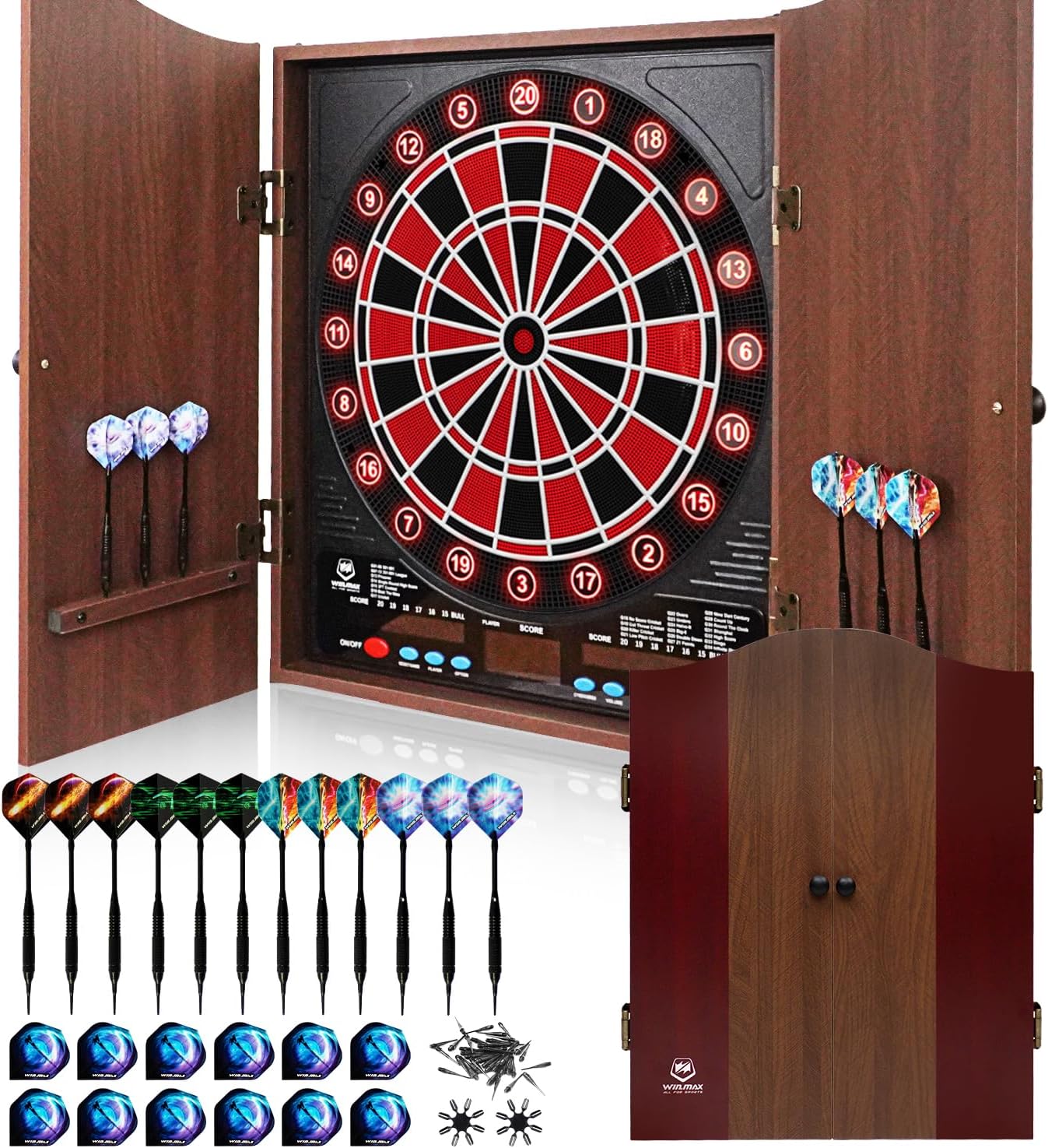 Electronic Dart Board with Cabinet Set, Dartboard with 8-Player Color Light | 3 Large LCD Displays with 34 Games, Automatic Scoring, 12 Darts+100 Tips, Great Gift for Man Cave Game Room Home Bar