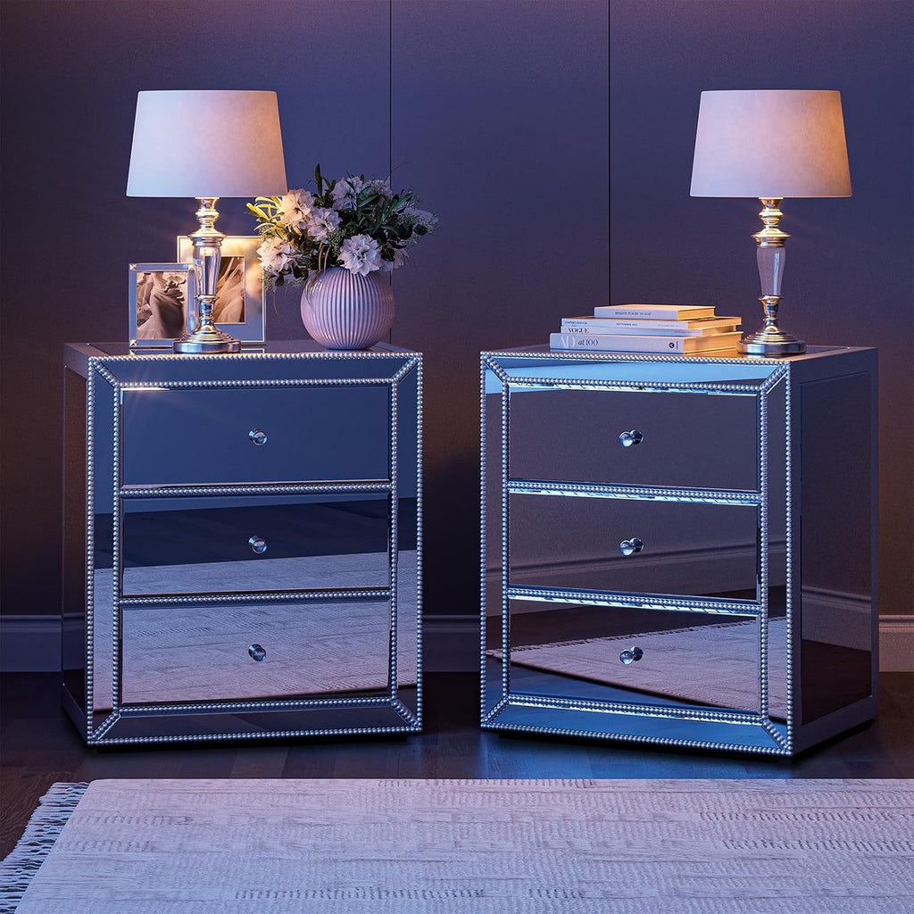 IKIFLY Mirrored Nightstand with 3 Drawers, Silver End Table with Crystal Handles, Modern Bedside Table for Living Room, Bedroom