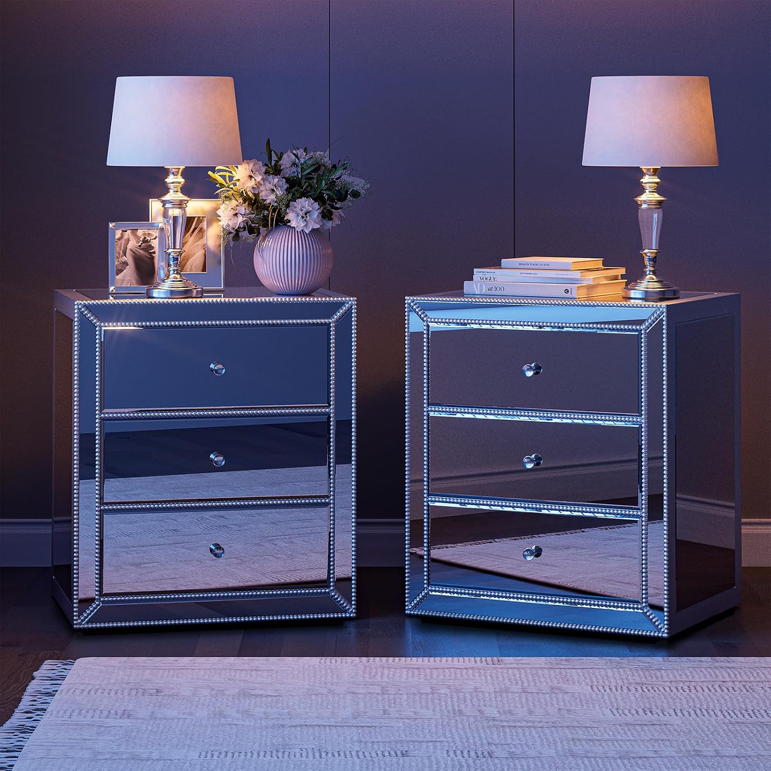 IKIFLY Mirrored Nightstand with 3 Drawers, Silver End Table with Crystal Handles, Modern Bedside Table for Living Room, Bedroom