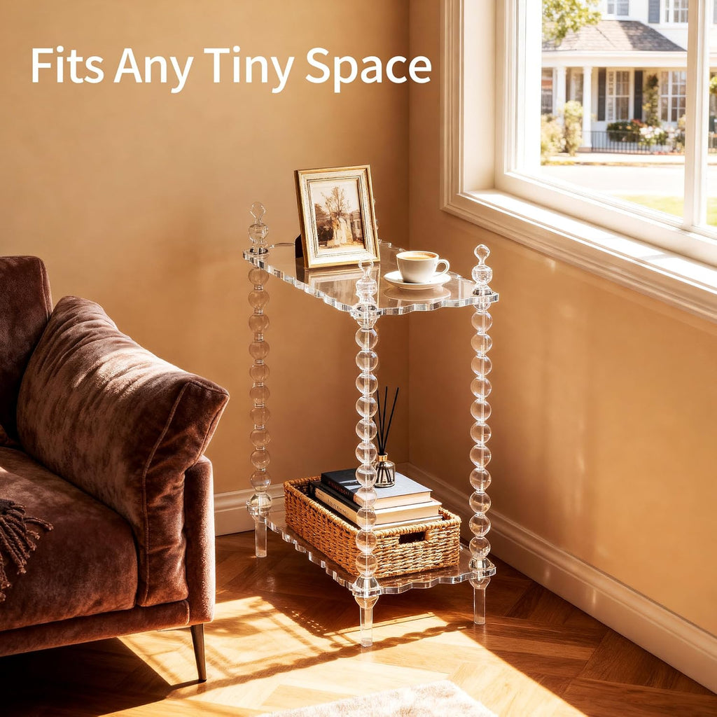 Acrylic Side Table 2-Tier, Clear Nightstand with Storage, Narrow Bedside End Table for Small Spaces (Clear, 20.7"×10.4“×25.9”)