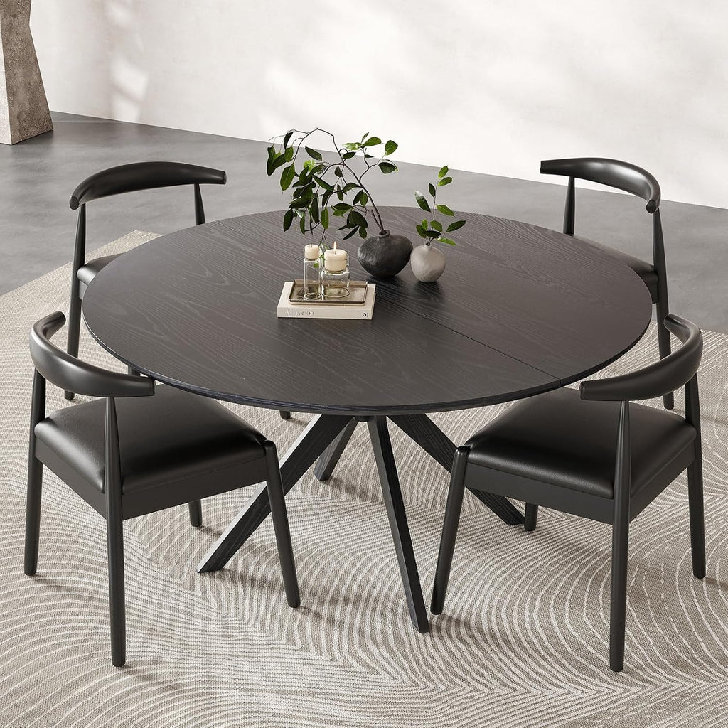 Round Dining Table 47 in for 4 to 6 People, Solid Wood Kitchen Table with Intersecting Pedestal Base and Floor Protection, Modern Round Dining Room Table for Apartment or Nook, Black