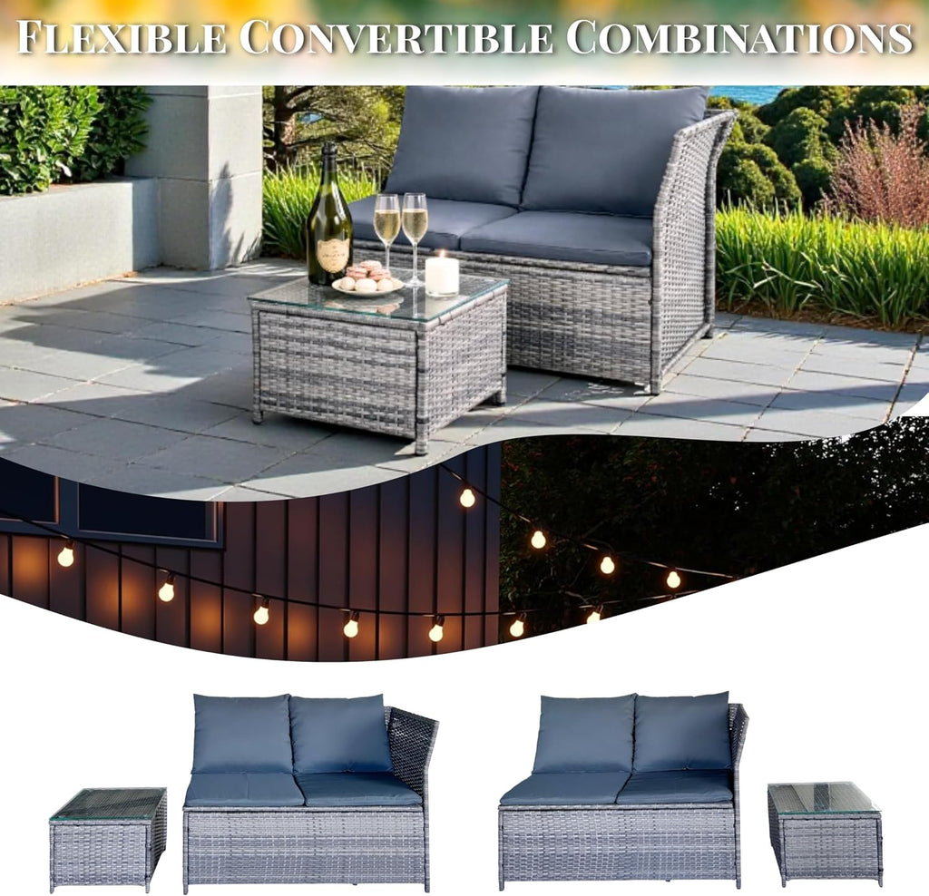 GIANGSUNNY 3 Patio Furniture Set with Storage, Outdoor Sectional Wicker Rattan Conversation Set with Loveseat & Glass Coffee Table, All-Weather Patio Seating (Grey, 3Pcs Set with Storage)