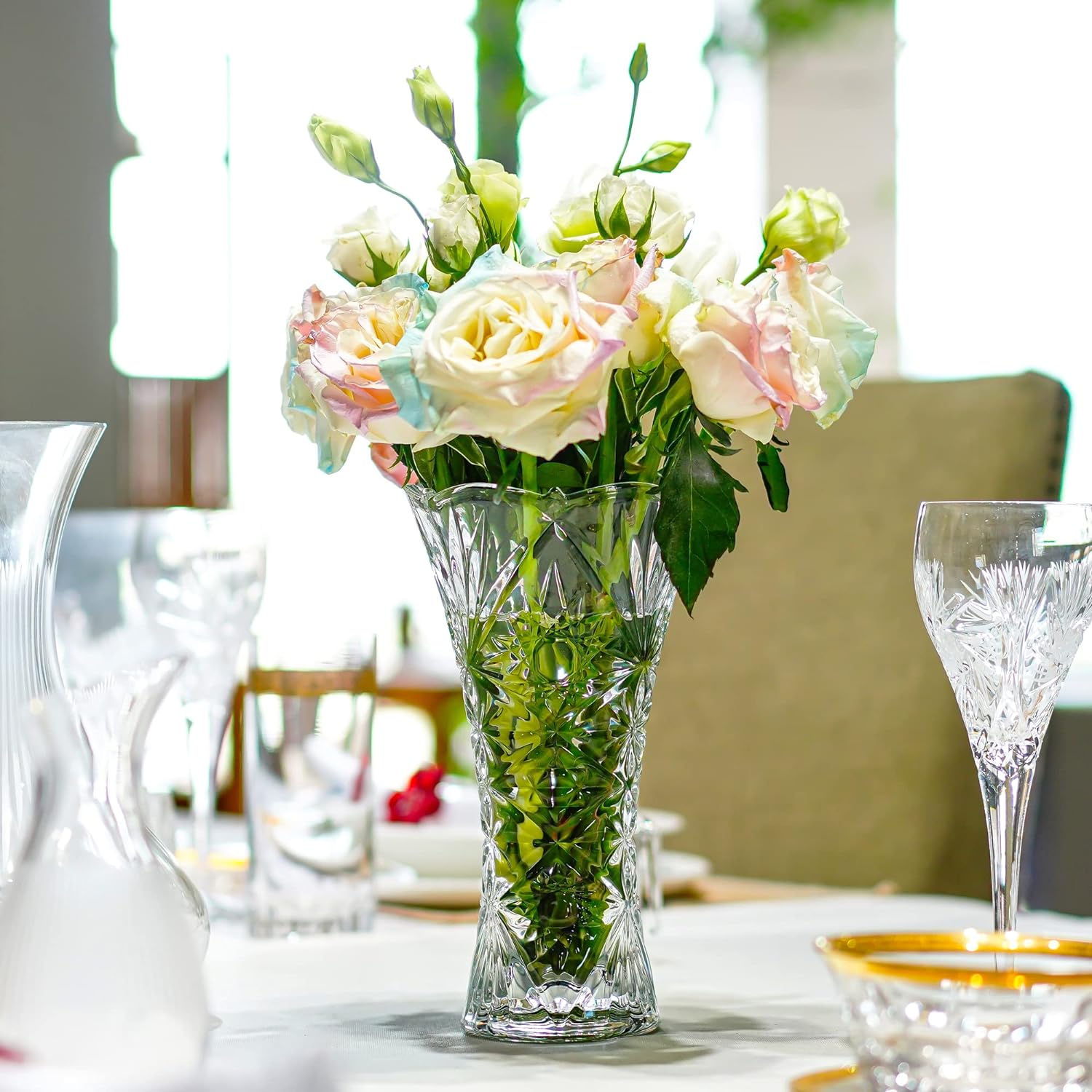 kanpura Clear Crystal Vase, Glass Flower Vase Thickening Design Suitable for Home Christmas Centerpieces Decor, Mothers Gift,9.2'' Tall(1 Piece)