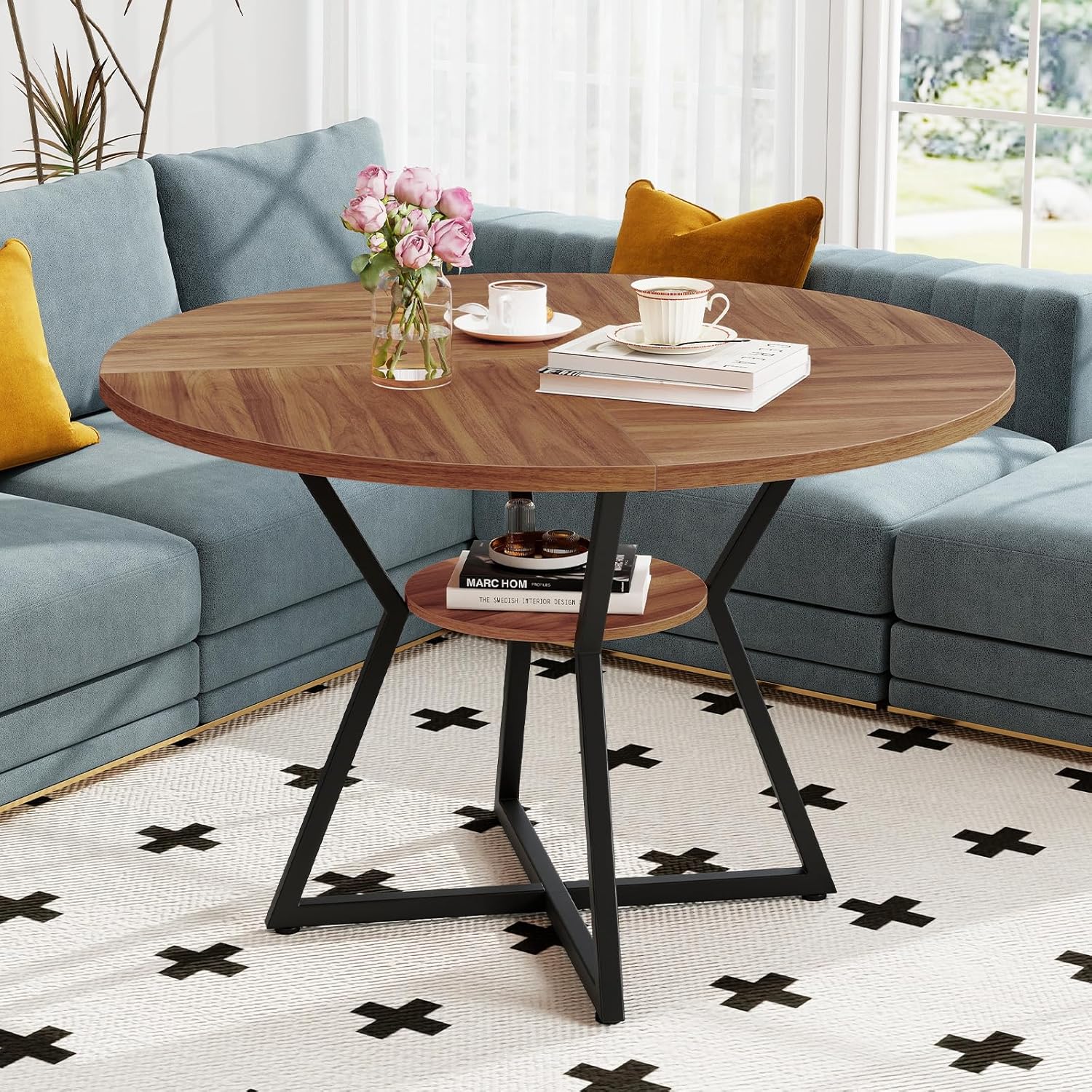 Giantex 47-inches Round Dining Table for 4, Kitchen Table with Storage Shelf, Wood Grain Tabletop, X-Shaped Metal Base, Adjustable Foot Pads, Circle Dinner Tables for Dinette, Living Room