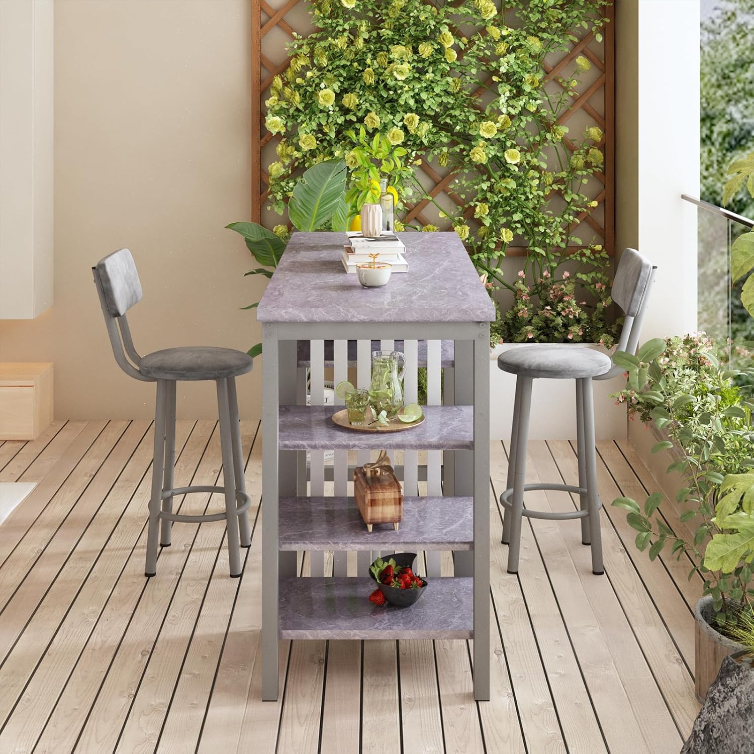 AWQM 3-Piece Bar Table and Chairs Set, Modern Gray Table with 2 PU Cushion Bar Stools, Kitchen Counter with 3 Tier Storage Shelves, Space Saving Table for Home & Kitchen, Black Frame