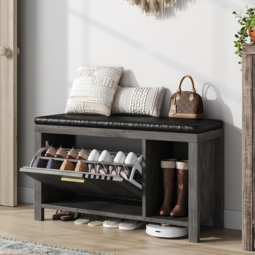 UNIQUITE 40" Shoe Storage Bench with Flip Drawers & Padded Seat Cushion, Open Compartments & Slatted Doors, Entryway Bench with Shoe Storage for Entryway, Hallway, Living Room, Bedroom, Oak Grey