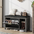 UNIQUITE 40" Shoe Storage Bench with Flip Drawers & Padded Seat Cushion, Open Compartments & Slatted Doors, Entryway Bench with Shoe Storage for Entryway, Hallway, Living Room, Bedroom, Oak Grey