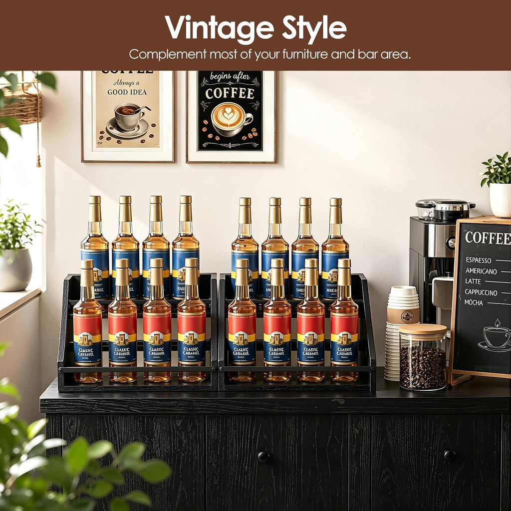 Nuovoware Coffee Syrup Rack, 3-Tier, Black | Hold 15 Bottles, Coffee Syrup Organizer with Side Handles, Countertop Storage with Iron Frame, Wooden Base