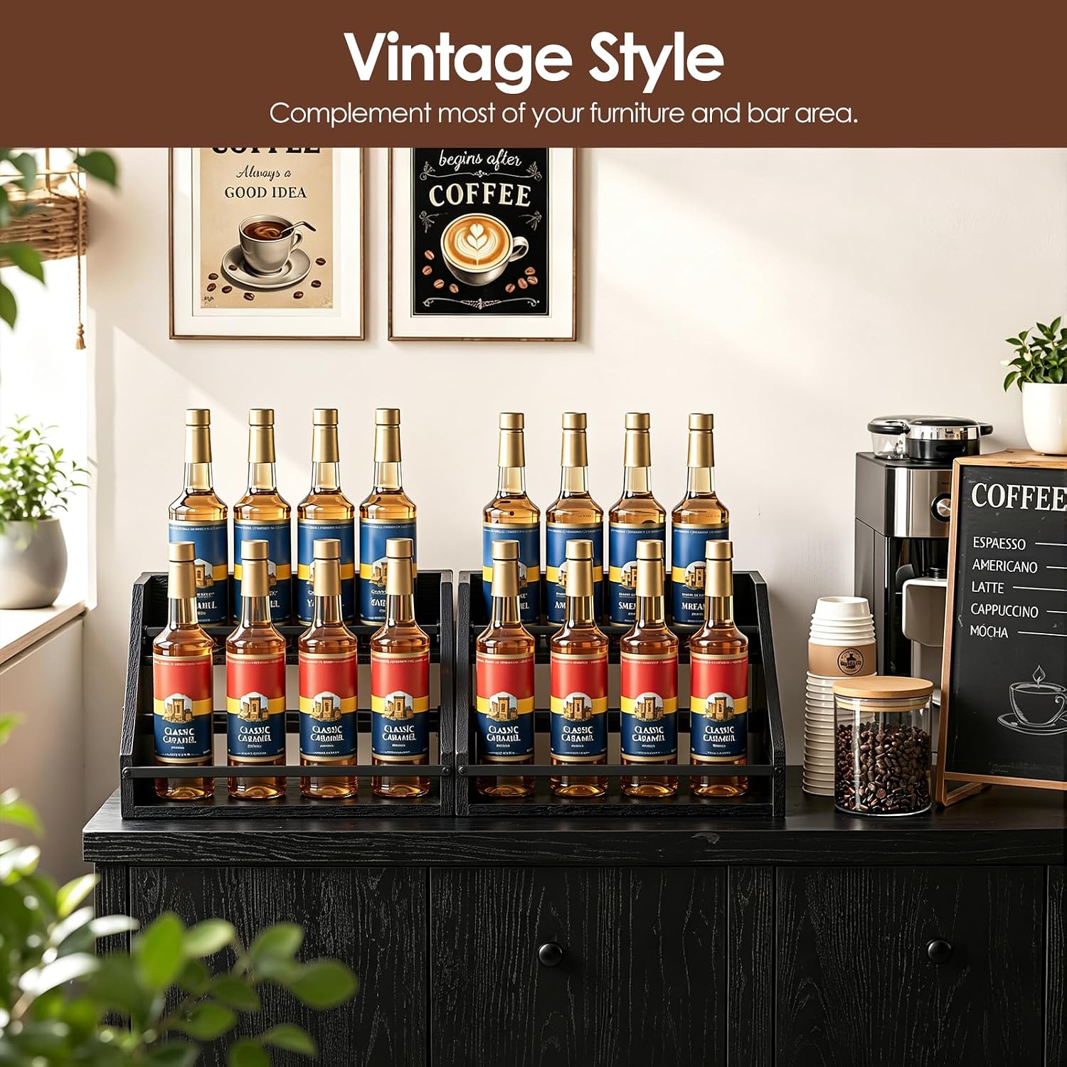 Nuovoware Coffee Syrup Rack, 3-Tier, Black | Hold 15 Bottles, Coffee Syrup Organizer with Side Handles, Countertop Storage with Iron Frame, Wooden Base