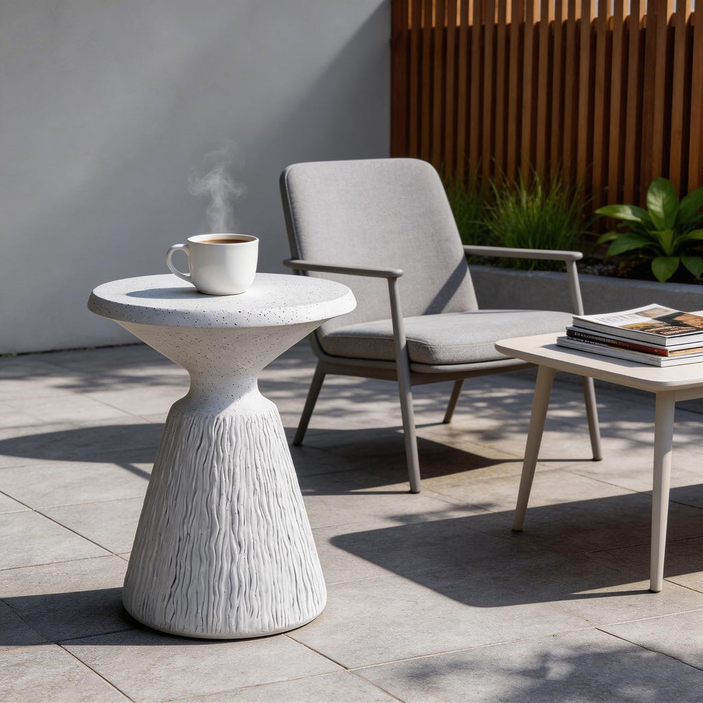 IRONORA Textured Concrete Accent Side Table, Hourglass Shaped Round Outdoor End Table, Weather Resistant Speckled Stone Pedestal Side Table for Patio Garden Living Room Bedroom Entryway, Nightstand