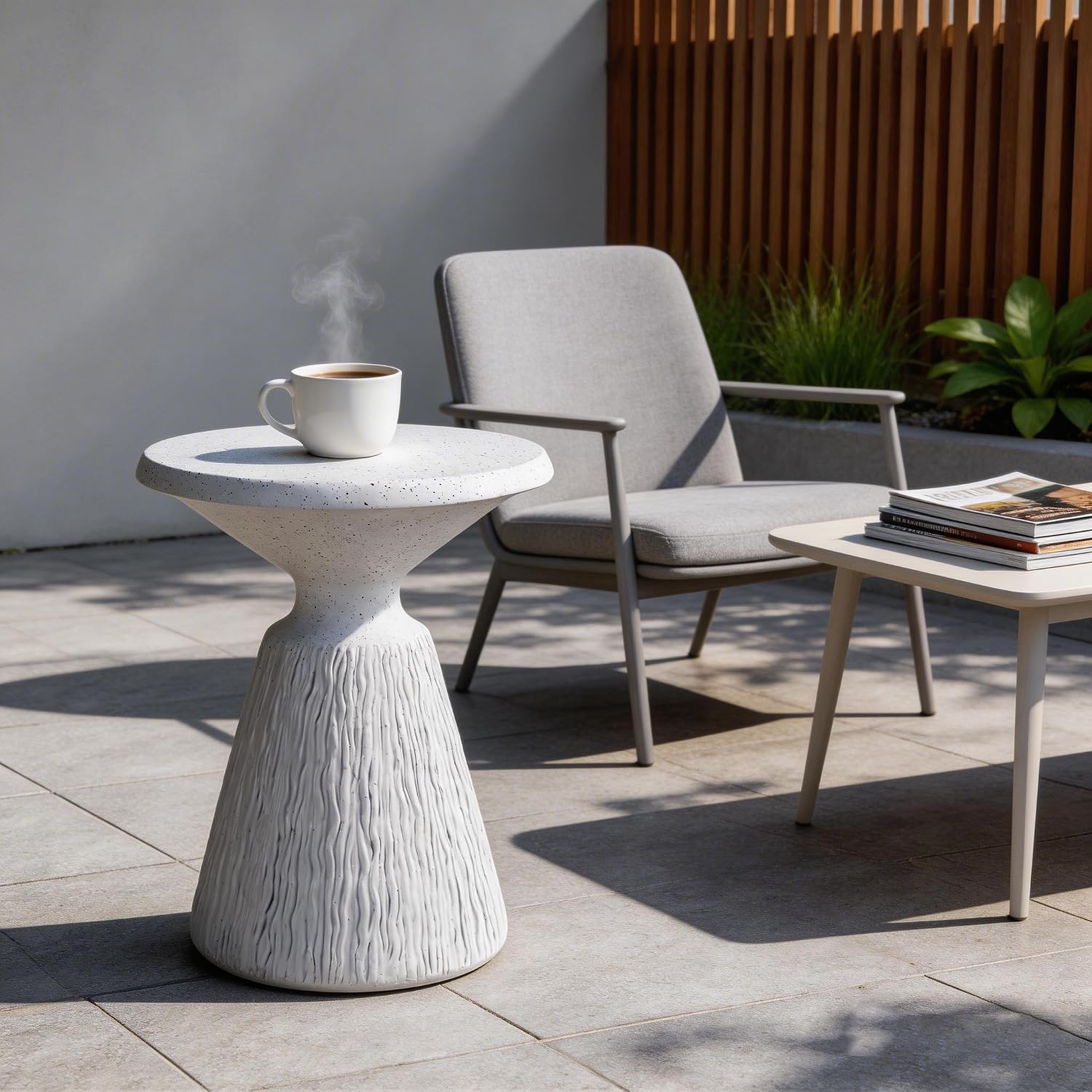 IRONORA Textured Concrete Accent Side Table, Hourglass Shaped Round Outdoor End Table, Weather Resistant Speckled Stone Pedestal Side Table for Patio Garden Living Room Bedroom Entryway, Nightstand