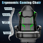 Gaming Chair with Footrest, Ergonomic Gamer Chair with Pocket Spring Cushion and Lumbar Pillow, Video Game Chair for Adults (Black + Green)