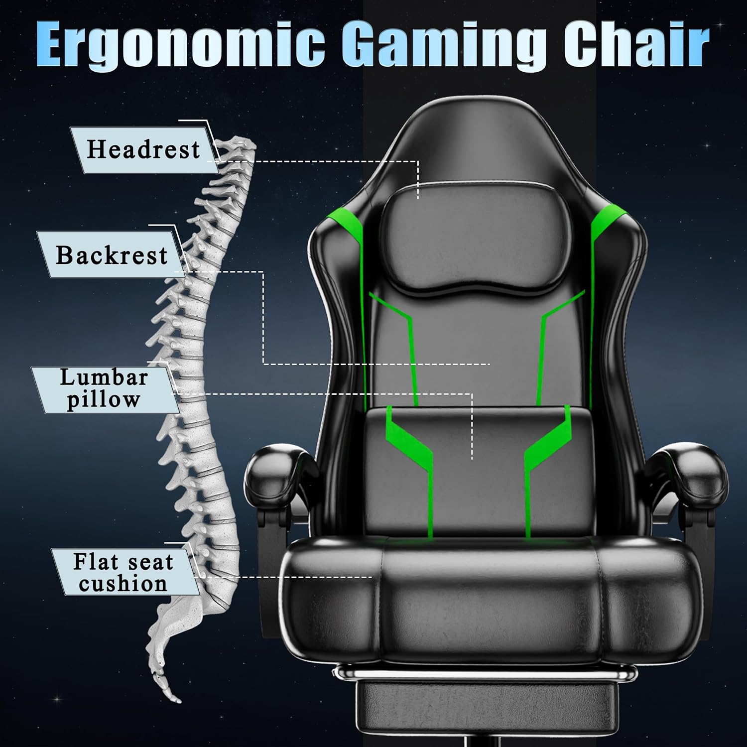 Gaming Chair with Footrest, Ergonomic Gamer Chair with Pocket Spring Cushion and Lumbar Pillow, Video Game Chair for Adults (Black + Green)