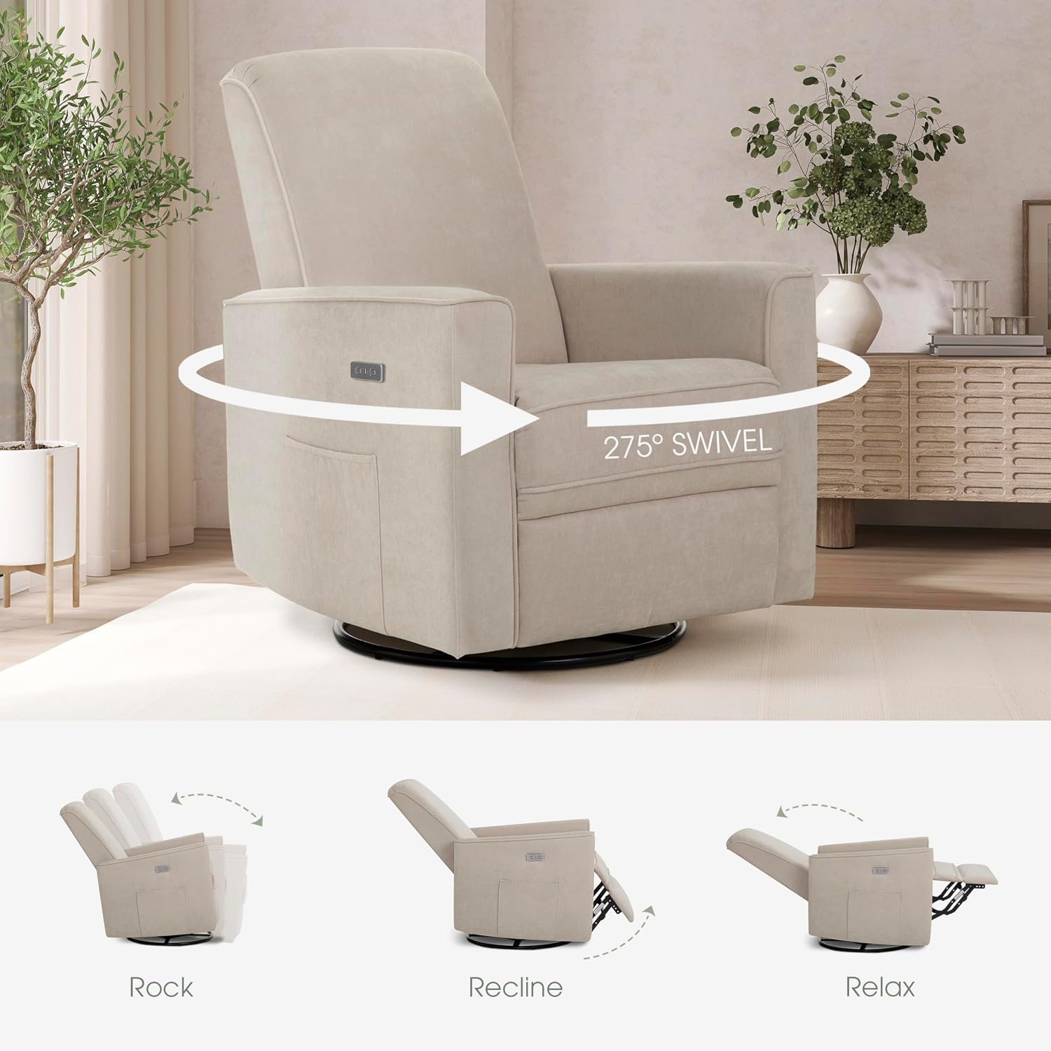 Evolur Harlow Upholstered Power Glider Recliner with USB Charging – Rocking & 275° Swivel with Smooth Glide – Greenguard Gold & FSC Certified – Modern Nursery and Living Room Chair in Tan
