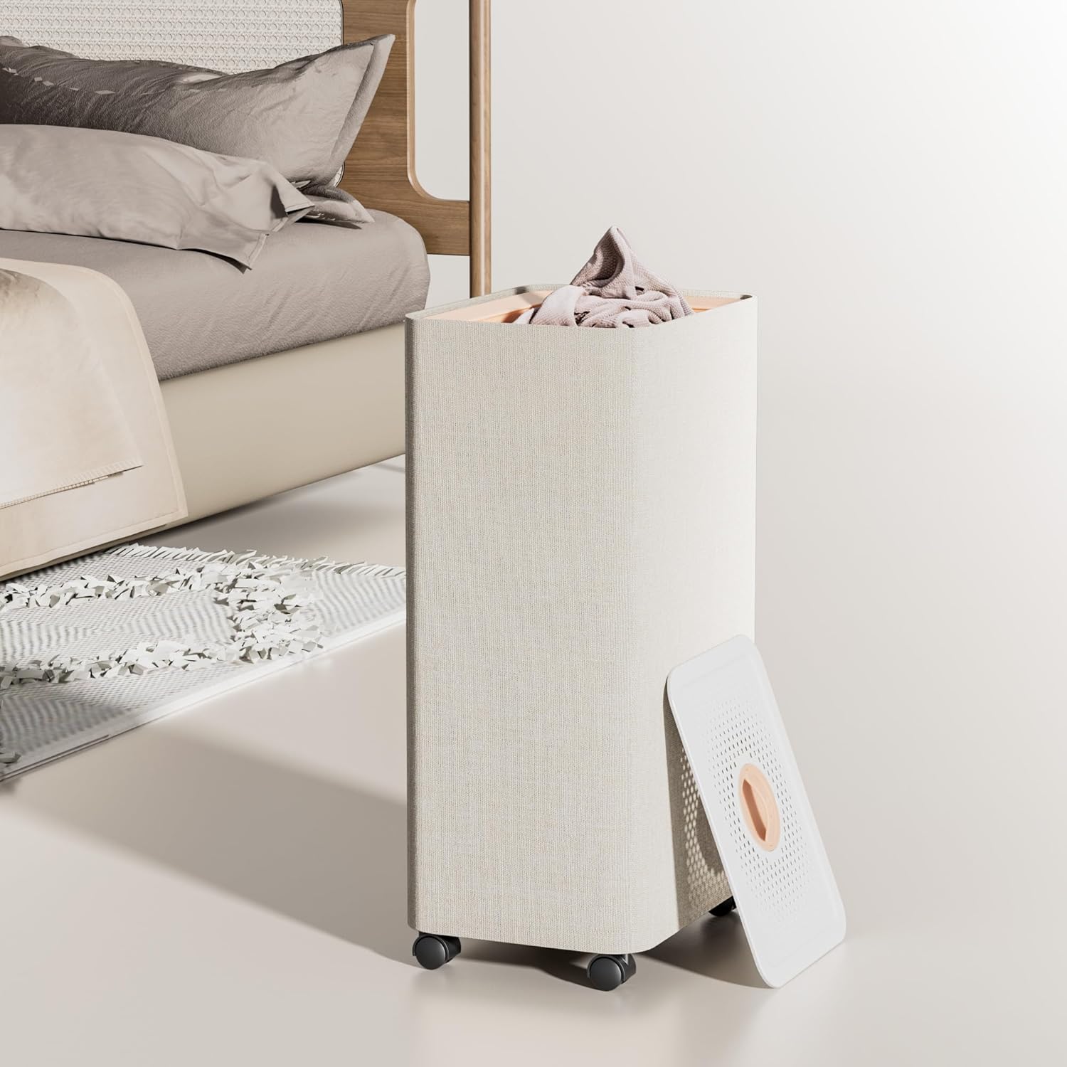 LAMU Hamper With Lid, Clothes Hamper, Laundry Basket with Lid with Removable Liner Bags, Dirty Clothes Basket with Wheels, Stylish Dirty Laundry Organizer for Home, 50L