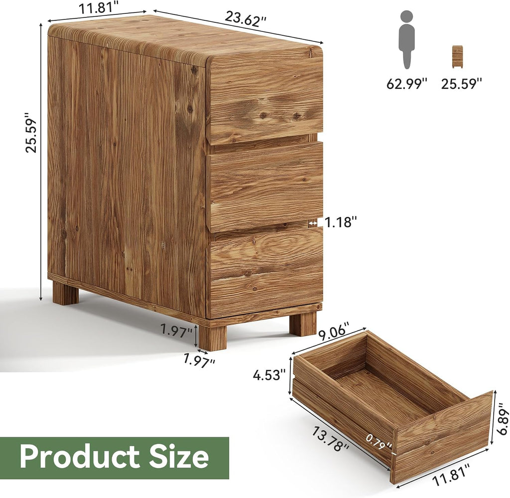 Set of 2 3 Drawers Solid Wood Side End Table for Living Room, Rustic Farmhouse Narrow Sofa Tables with Storage for Small Space, Bed Side Tables Bedroom