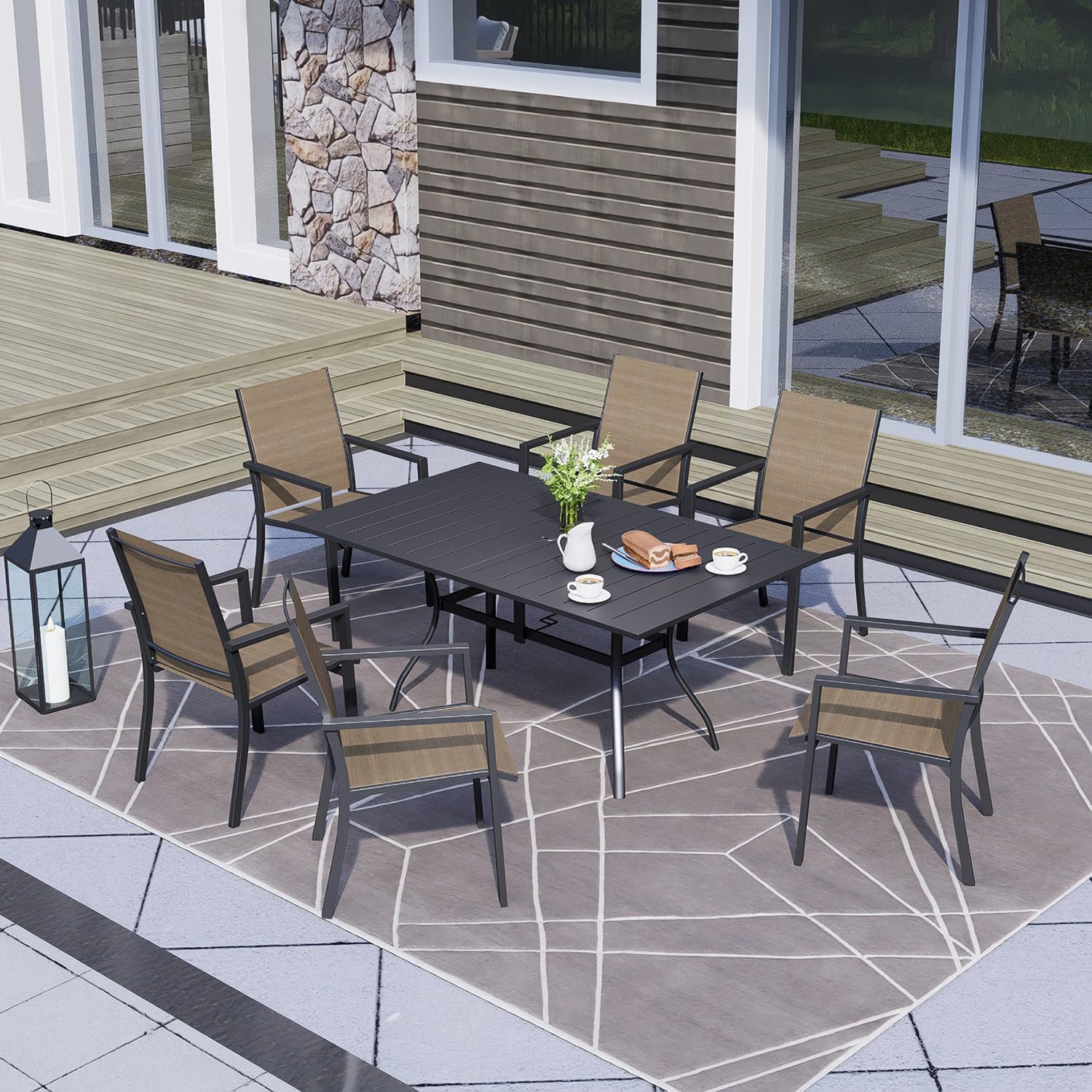 Anmutig 63" Rectangular Outdoor Dining Table, Metal Patio Table for 6 | Powder-Coated Steel Frame, Weather-Resistant Design, Slatted Metal Tabletop, Adjustable Umbrella Hole, Patio, Backyard Use