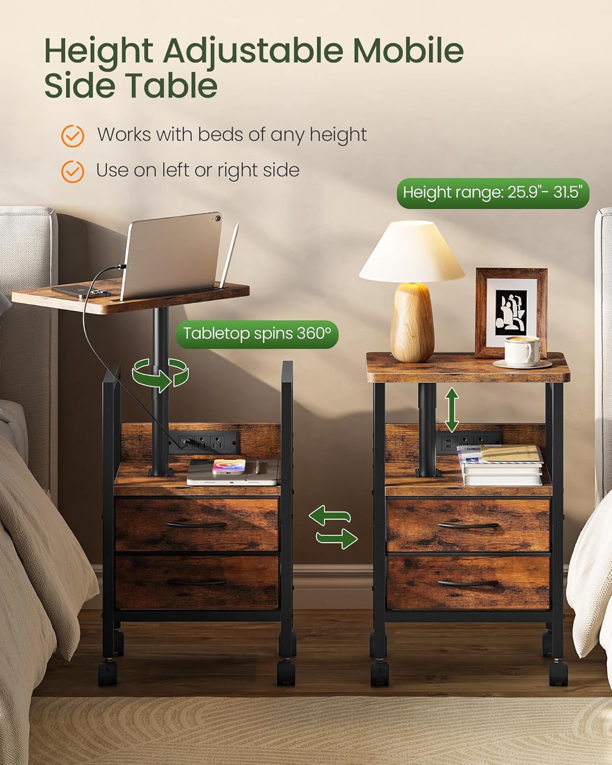 Height Adjustable Side Table with Swivel Tabletop, End Table with Charging Station, Bedside Table with Fabric Drawers and Wheels, Nightstand for Living Room, Bedroom, Rustic Brown and Black TBZ21UBF