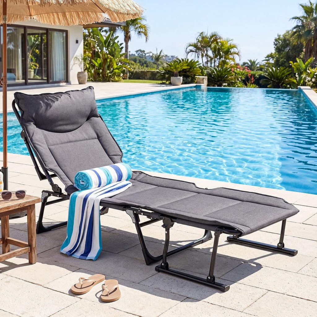 Giantex Folding Patio Lounge Chair with 6 Backrest Positions, Portable Foldable Bed with Cushion and Armrest, Head Pillow, Adjustable Recliner, Outdoor Camping Cot for Yard, Bench, Office, Home (1)