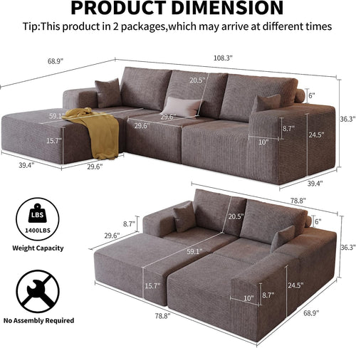 109" Modular Sectional Sofa with Ottoman - L Shaped Oversized Deep Seat Cloud Boneless Couch for Living Room, Corduroy Fabric, No Assembly Required (Brown, 1 Ottoman)
