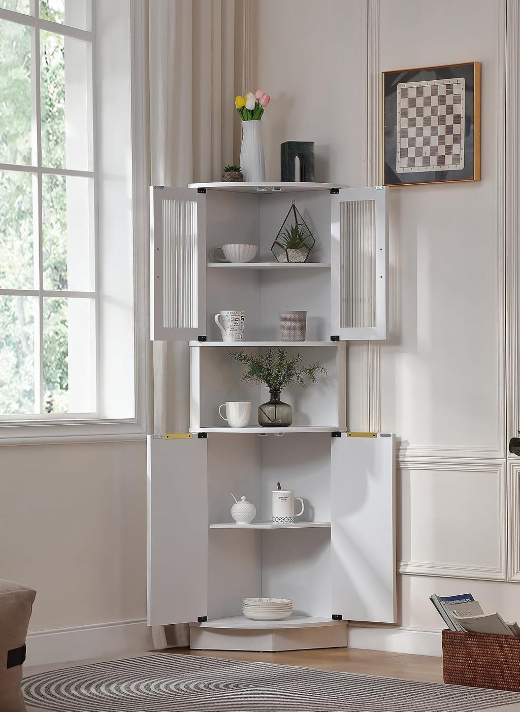 FOREST GRAVITY Modern Corner Storage Cabinet with Fluted Doors | For Kitchen; For Bathroom; Glass Doors; Fluted Design; Large Storage; Pentagon Design; White
