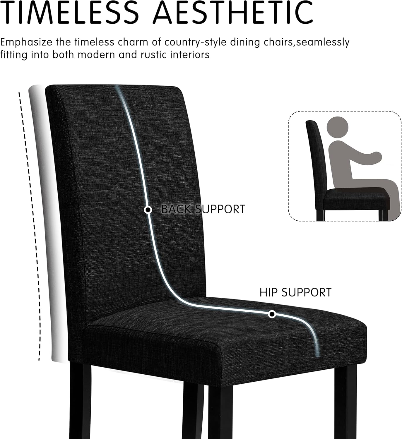 CHUN YI Upholstered Dining Chairs Set of 4, Fabric Dining Room Chairs with Solid Wood Legs, Modern Parson Chairs for Kitchen, Restaurant, Hotel, Black