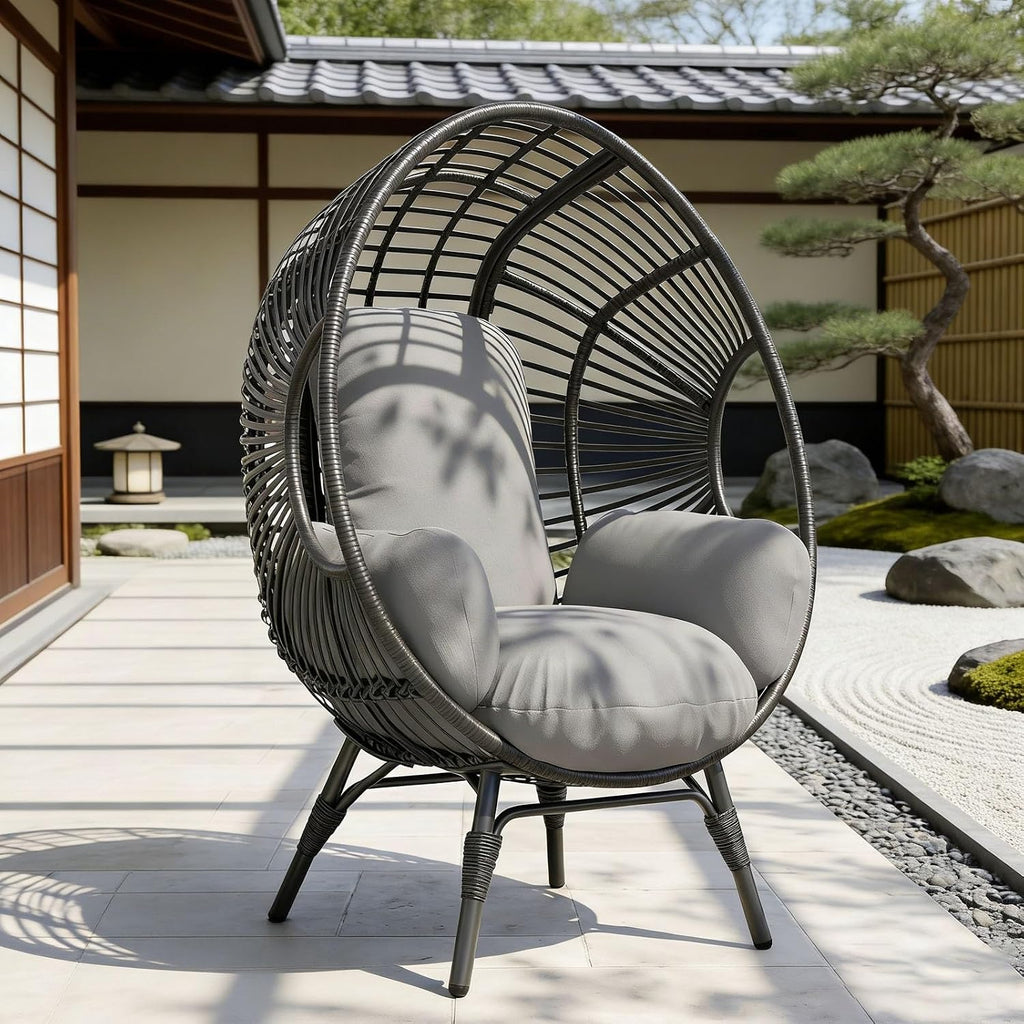Balcony Chairs Egg Wicker Design, 400lbs Capacity, Weather-Resistant PE Rattan, Indoor Outdoor Use(Black+Gray)