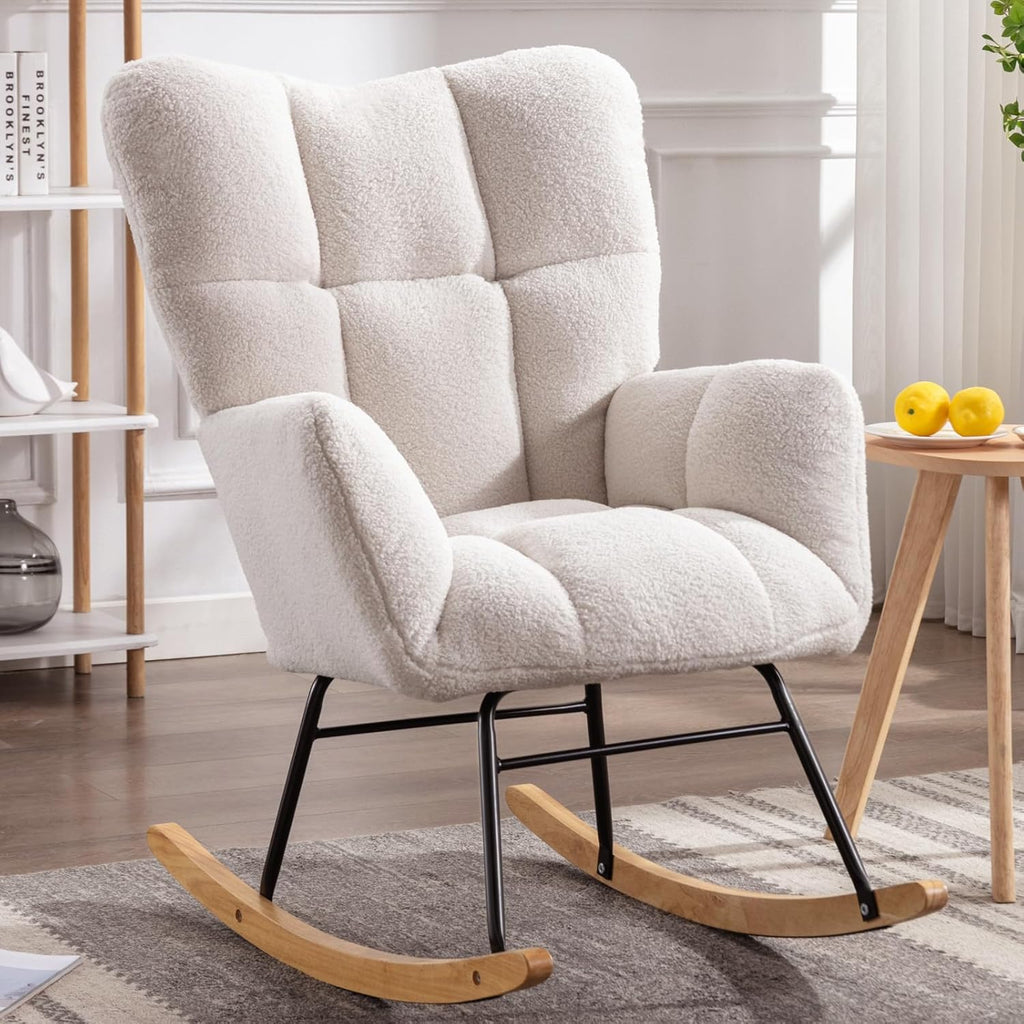 FOXHUNTER Rocking Chair Nursery Teddy Upholstered Glider Rocker High Backrest Nursery Rocker Comfortable Stylish Accent Armchair for Living Rooms Bedrooms Offices (Teddy Ivory)