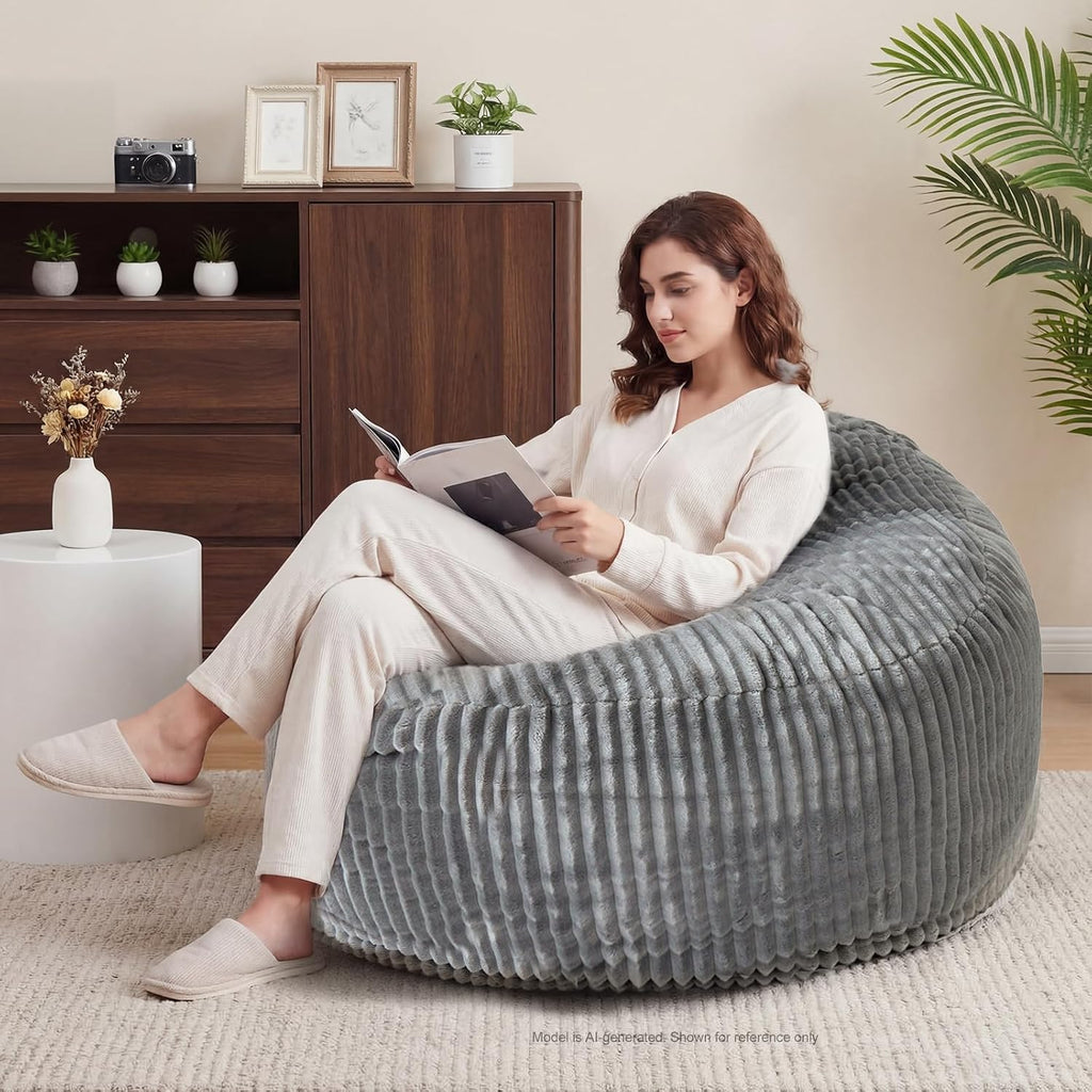3FT Bean Bag Chairs for Adults, Medium Memory Foam Beanbags with Machine-Washable Wide Stripe Plush Cover Bean Bag Chair for Living Room Bedroom Dorm Office-Ash Grey
