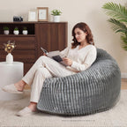 3FT Bean Bag Chairs for Adults, Medium Memory Foam Beanbags with Machine-Washable Wide Stripe Plush Cover Bean Bag Chair for Living Room Bedroom Dorm Office-Ash Grey