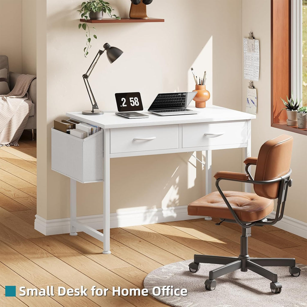 CAIYUN Small White Desk with Fabric Drawers for Bedroom, 31 Inch Home Office Desk with Side Pocket and Hook for Small Space, Makeup Vanity Desks Kid’s Desks to Writing Made of Wood and Metal, White