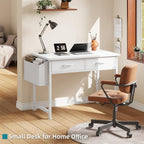 CAIYUN Small White Desk with Fabric Drawers for Bedroom, 31 Inch Home Office Desk with Side Pocket and Hook for Small Space, Makeup Vanity Desks Kid’s Desks to Writing Made of Wood and Metal, White