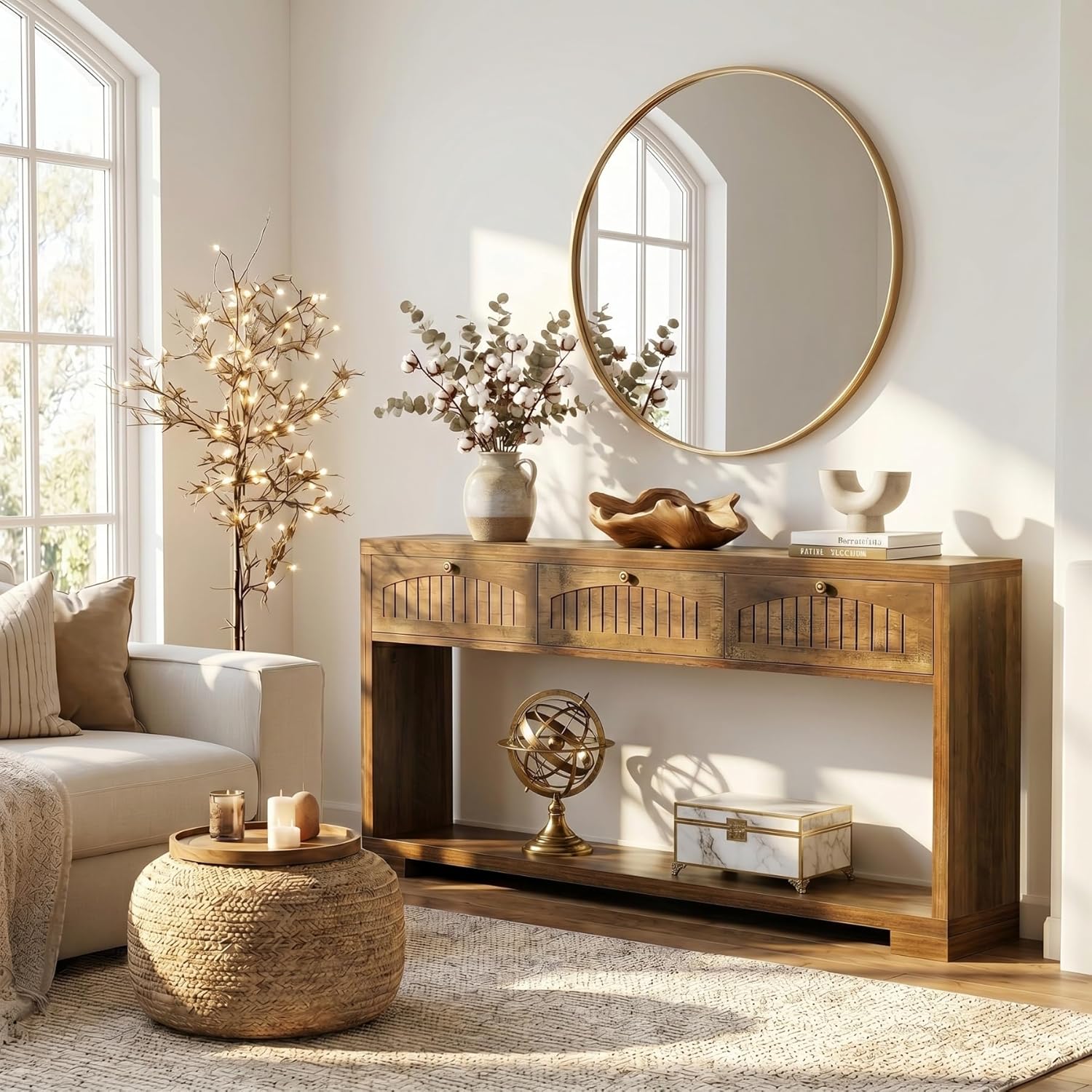 LITTLE TREE Long Entryway Table with 3 Drawers, 70 Inches Farmhouse Console Table for Entry, Behind Sofa, Foyer, Hallway, Behind Couch, Entrance with 2-Tier Storage Shelves, Rustic Brown