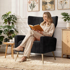 Luxanimarion Black Velvet Accent Chair Set of 2, Wingback Chair for Living Room, High Back Arm Chair with Golden Legs Lumbar Pillow, Upholstered Single Sofa Bedroom