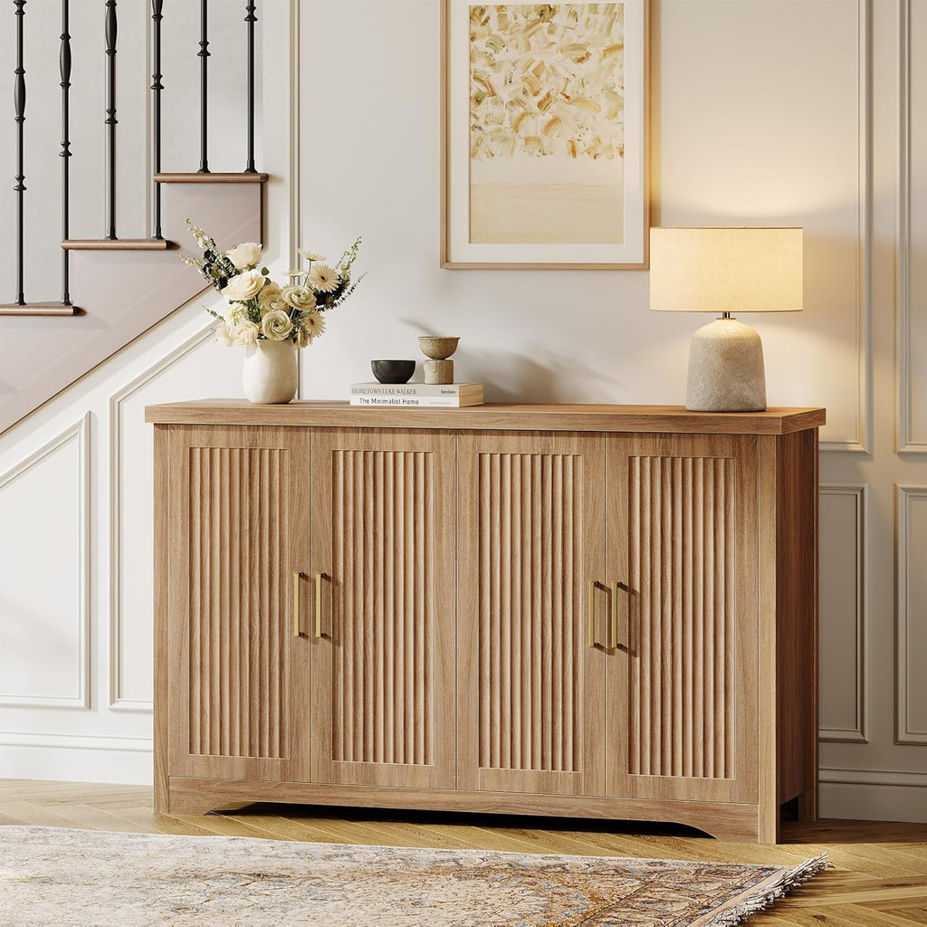 Memobarco Fluted Buffet Cabinet with Storage（55.59" W Accent Sideboard Cabinet Modern Credenza with Doors & Adjustable Shelves Modular Coffee Bar Media Console for Dining Room Entryway,Natural Oak