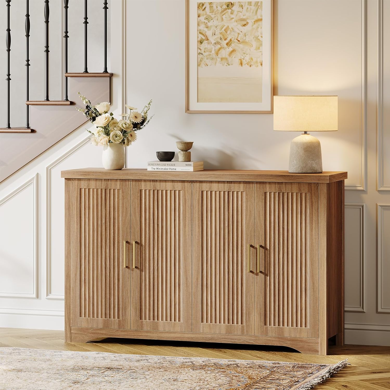 Memobarco Fluted Buffet Cabinet with Storage（55.59" W Accent Sideboard Cabinet Modern Credenza with Doors & Adjustable Shelves Modular Coffee Bar Media Console for Dining Room Entryway,Natural Oak