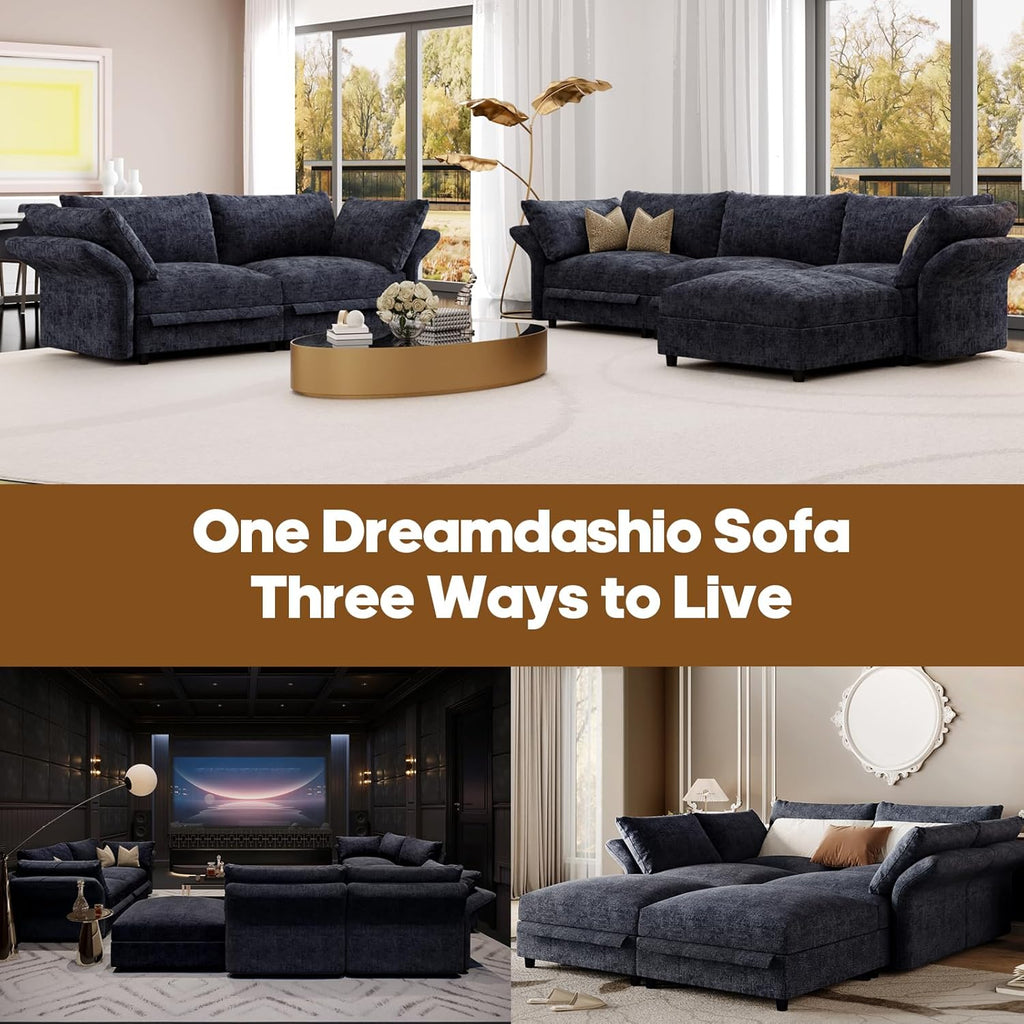 DreamDashio 159" 8-Seat U-Shaped Sectional Sofa, Oversized Modular Cloud Couch with Storage, Adjustable Arms & High Back, Dark Grey Chenille for Large Living Room