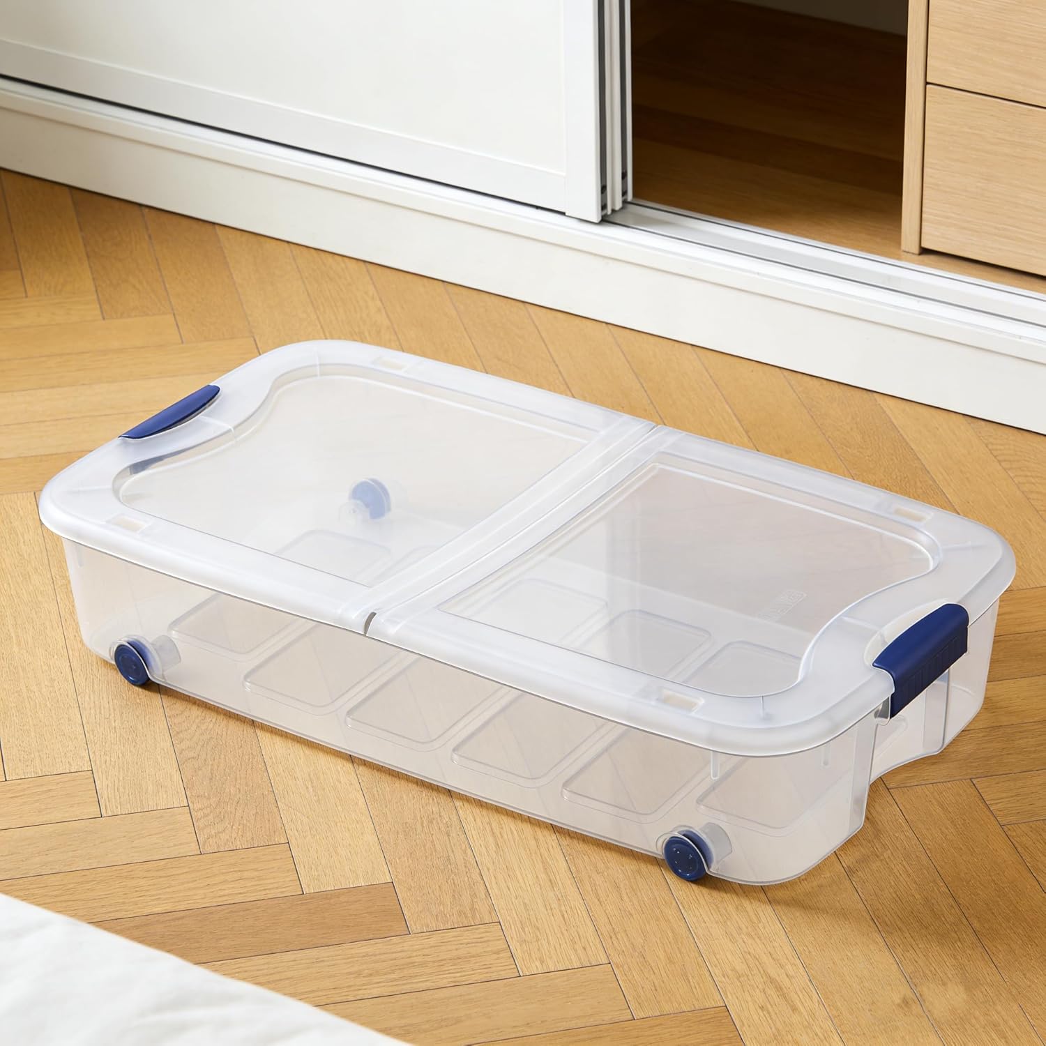 66 Quart Clear Plastic Underbed Storage Bin with Latching Lid and Wheels, Stackable Container, Blue