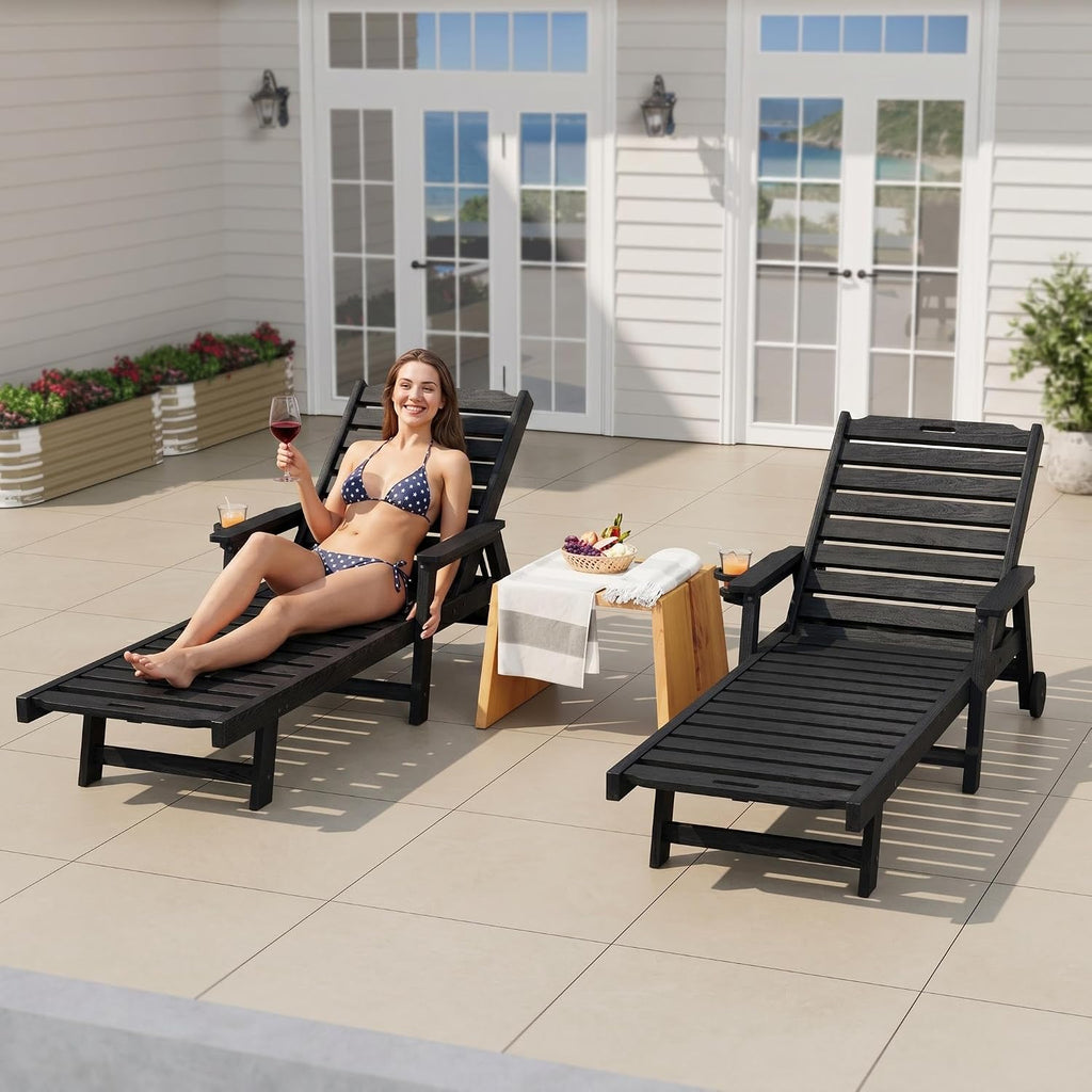 Garvee Lounge Chair Outdoor Set of 2 with Wheels & 5-Position Adjustable Backrest, Oversized Chaise Lounge with 2 Move Handle, HDPE Lounge Chair w/Detachable Cup Holder, for Patio, Pool,Black