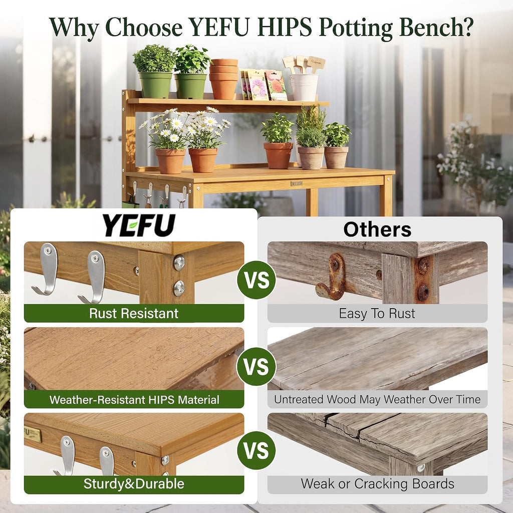 YEFU Outdoor Potting Bench with Storage: 3-Tier HIPS Potting Table with Wide-Panel Shelf/Hooks - All-Weather Heavy Duty Gardening Table for Patio Backyard Porch Easy to Clean 420lbs Capacity (Teak)