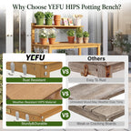 YEFU Outdoor Potting Bench with Storage: 3-Tier HIPS Potting Table with Wide-Panel Shelf/Hooks - All-Weather Heavy Duty Gardening Table for Patio Backyard Porch Easy to Clean 420lbs Capacity (Teak)