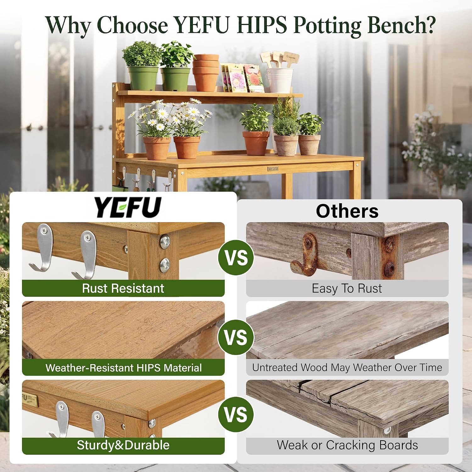 YEFU Outdoor Potting Bench with Storage: 3-Tier HIPS Potting Table with Wide-Panel Shelf/Hooks - All-Weather Heavy Duty Gardening Table for Patio Backyard Porch Easy to Clean 420lbs Capacity (Teak)