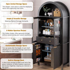 ZeHuoGe Fluted Tall Arched Pantry Cabinet with Adjustable Shelves, Elegant Display Storage with Hidden Drawer & Glass Door for Kitchen, Living Room, Dining Room (Black)