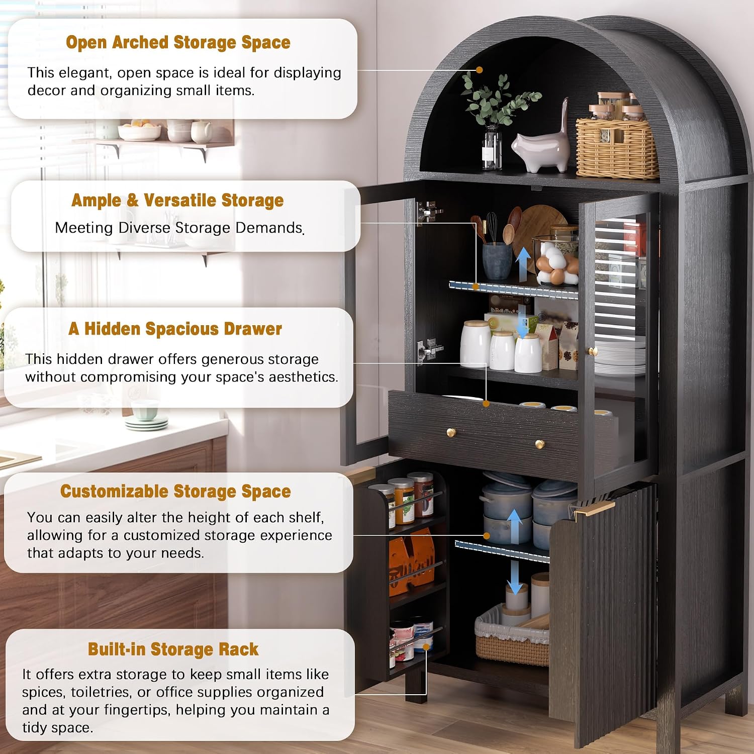 ZeHuoGe Fluted Tall Arched Pantry Cabinet with Adjustable Shelves, Elegant Display Storage with Hidden Drawer & Glass Door for Kitchen, Living Room, Dining Room (Black)